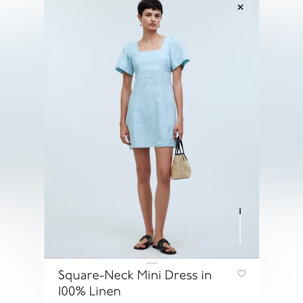 Madewell Square Neck Mini Dress, 100% linen, size 10, blue heron